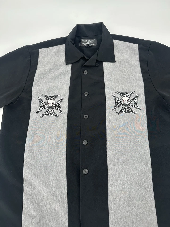 Camisa negra cromada águila para motocicleta manga corta abotonada para hombre talla M calavera Foto 2 de 4
