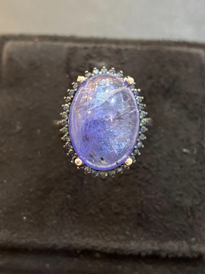 NATÜRLICHER TANSANIT CAB 18X13 SAPHIR DIAMANTSCHLIFF STERLINGSILBER 925 RING