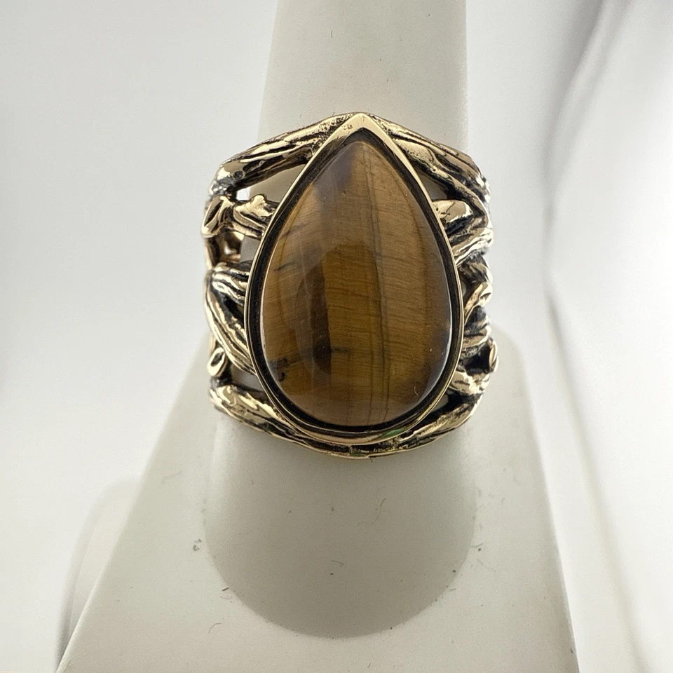 Anillo Barse Ojo de Tigre Cabujón Rama Lágrima Bronce Dorado HSN Talla 9.5 Foto 2 de 4