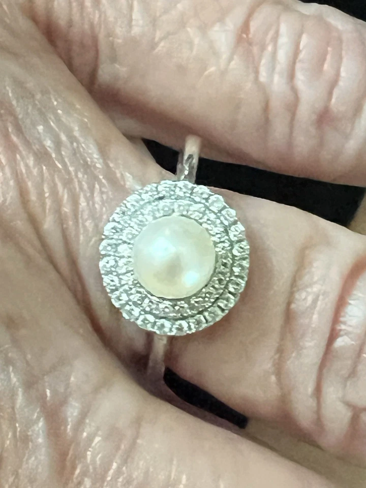 Anillo Vantel Perlas Crema Esterlina Perla Genuina Circonita cúbica Doble Halo Talla 8 Junio Piedra Foto 4 de 4
