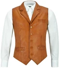 Men's TAN Lambskin Leather Waistcoat Western Style Cowboy Gilet Vest Coat