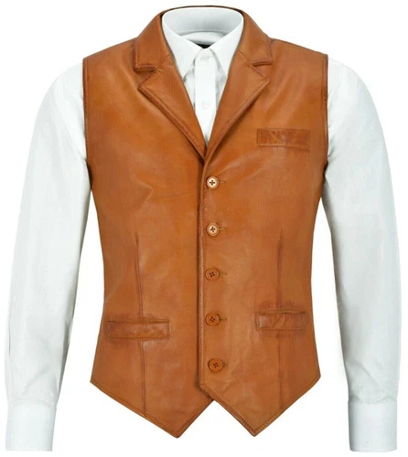 Men's TAN Lambskin Leather Waistcoat Western Style Cowboy Gilet Vest Coat