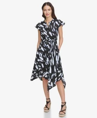DKNY Womens Printed Tie-Waist Asym Blkwave B 755404004719 10 RT $149.0