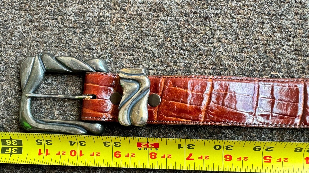 VICENZA Sport Sterling Silver Buckle On Brown  Alligator Print Calfskin Belt 34 Vintage Vicenza Brown Leather Alligator Print Silver Tone  main image 2
