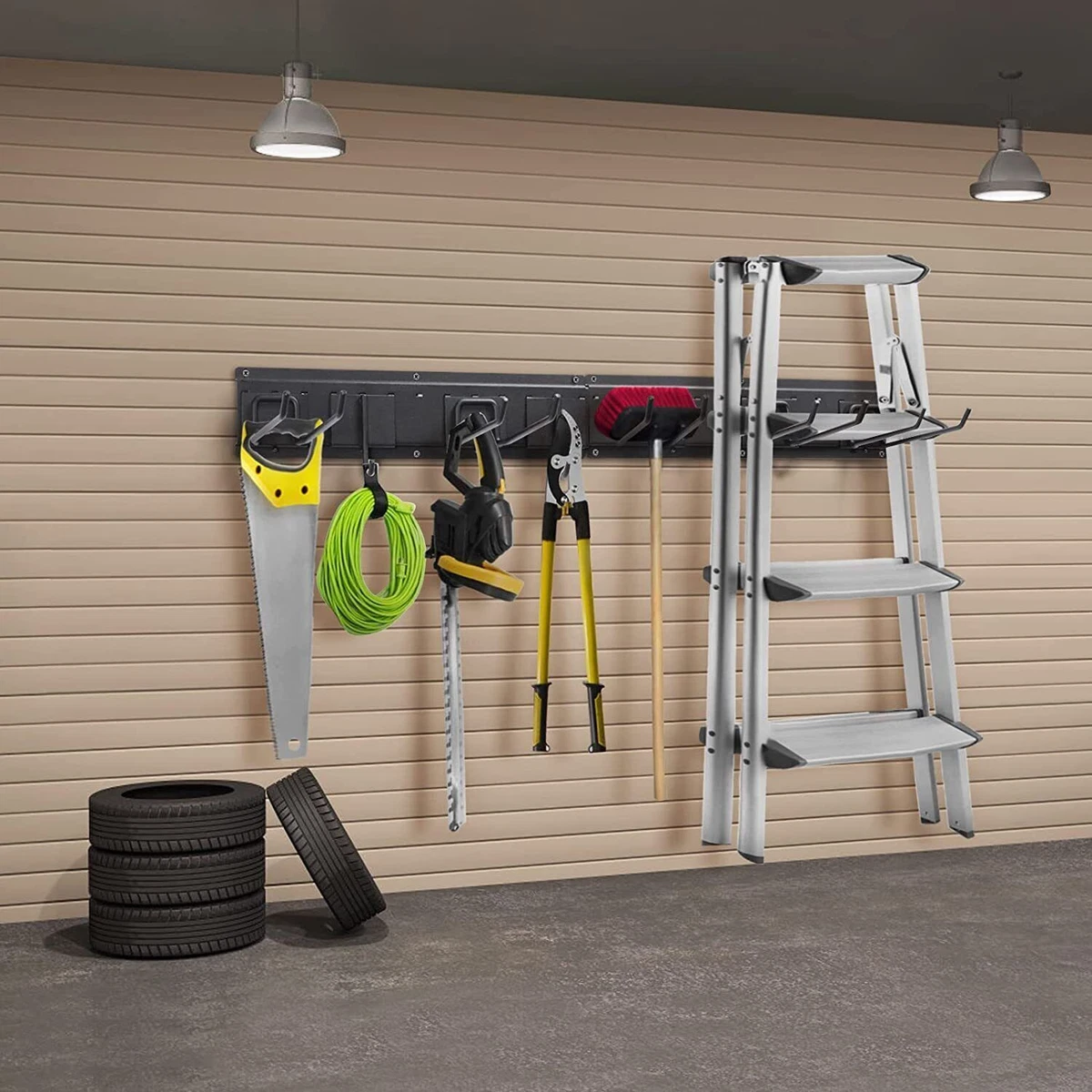 Garage Tool Organizer Wall Hanging Storage Rack 7-Hook & 3-Board Tool Rack  Shelf