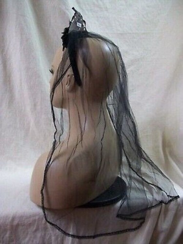 Black Gothic Baroque Tiara Headband Veil Bride Widow Day of Dead Vampire Madame - Picture 6 of 12