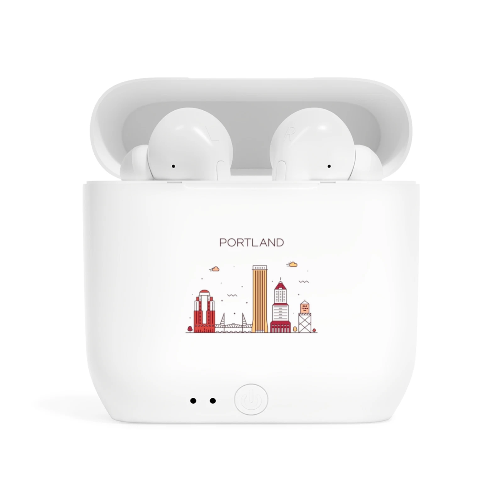 Portland Oregon Cityscape - Wireless Earbuds + Case, Earbud Holder, Tech Gift
