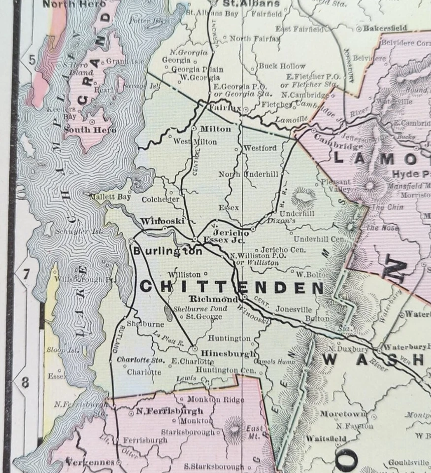 Mapa VERMONT 1900 de colección 14"x22" ~ Antiguo Antiguo Original Bennington Manchester VT Foto 4 de 4