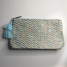 Lancome Cosmetic Bag Woven Blue Multicolored Tasseled Make Up Bag Travel Storage