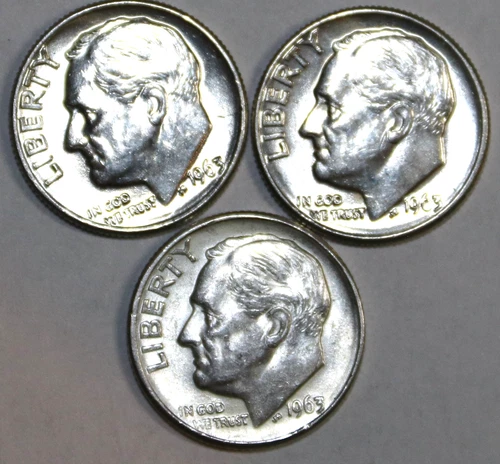 (3) 1963-D Roosevelt Dimes - About Uncirculated - #1936E - FREE SHIPPING