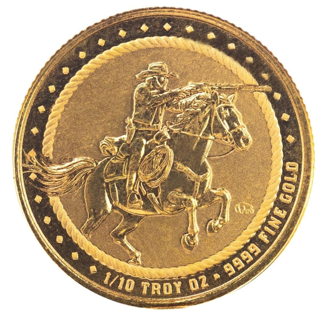 1/10 oz Gold Cowboy Rifleman w/ Buffalo Privy .9999 Gold Bullion Round #A701