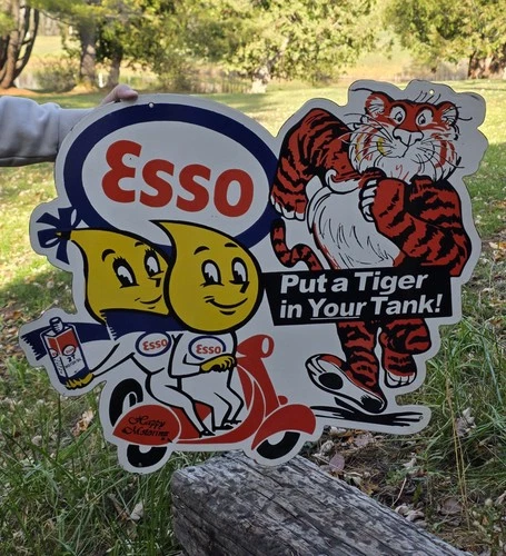 HUGE VINTAGE ESSO X TIGER PORCELAIN ENAMEL SIGN 30 X 28 INCHES