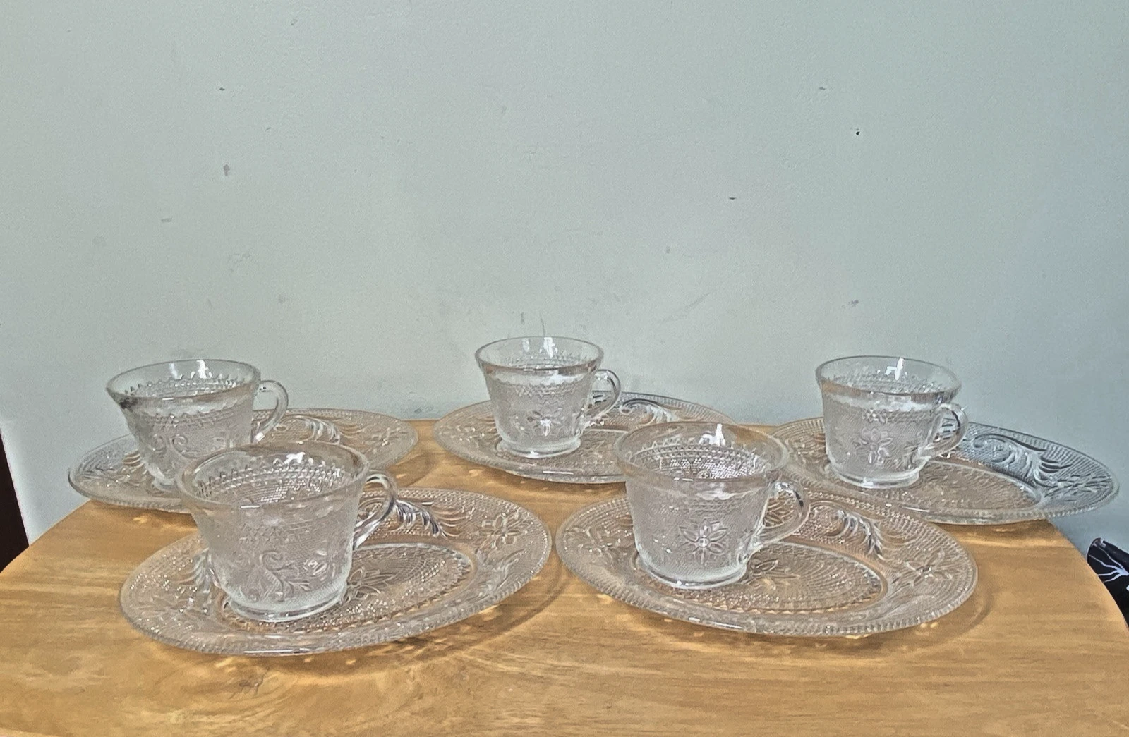Vintage Tiara Chantilly Clear Glass Sandwich Oval Snack Plate with Cups Set of 5