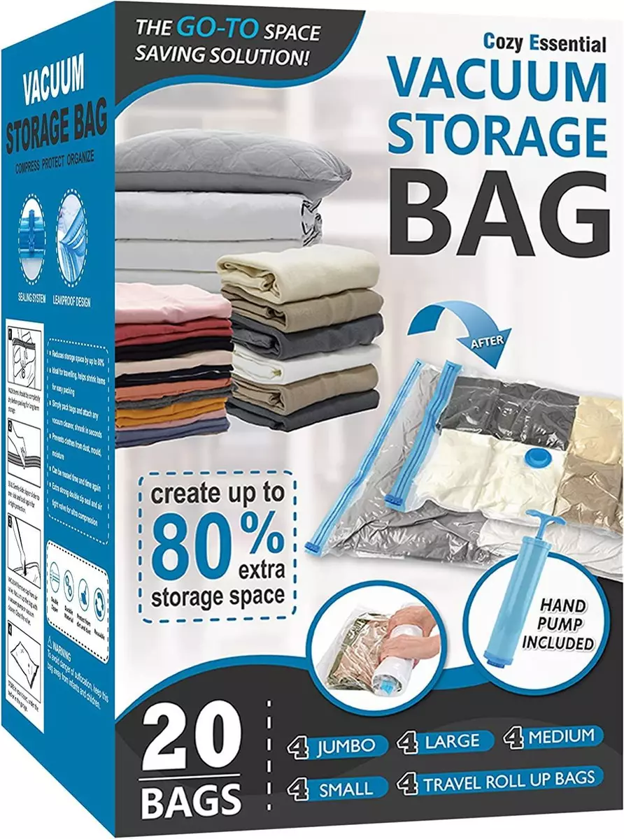 Cozy Essential 20 Pack Vacuum Storage Bags, Space Saver Bags (4 Jumbo/4 Large/4 Medium/4 Small/4 Roll) Compression Storage Bags for Comforters and Blankets, Vacuum