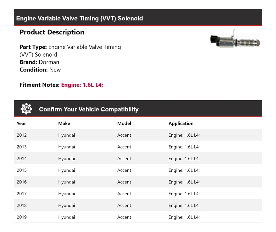 Solenoide VVT para Hyundai Accent 2012-2019 1,6 L L4 motor Dorman 2013 2014 2015 Foto 2 de 4