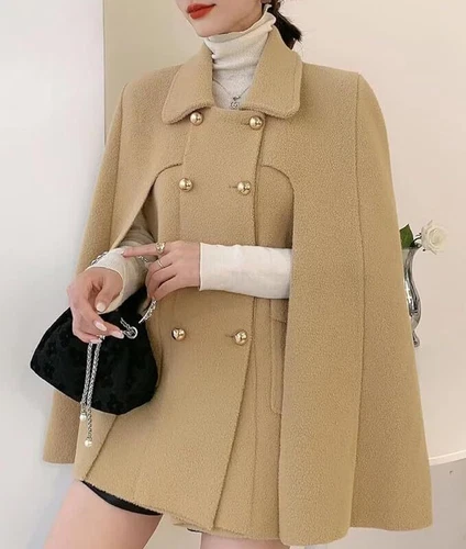Damen Poncho Zweireiher Schlitz Ärmel fließend Wollmischung Elegant Cape Umhang Coa - Bild 20 von 47