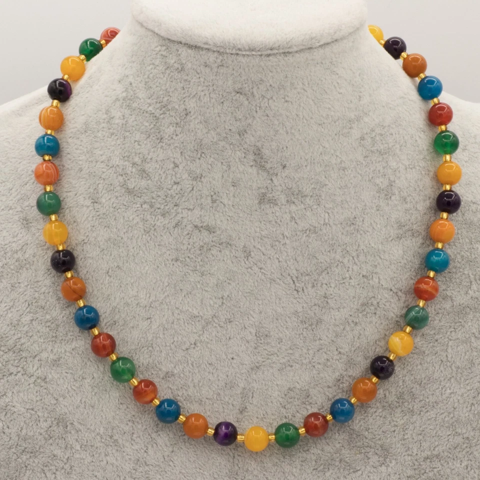 Kette bunt mit Achat Perlen 8 mm Edelstahl Magnetverschluss 42 - 60 cm - Bild 2 von 2