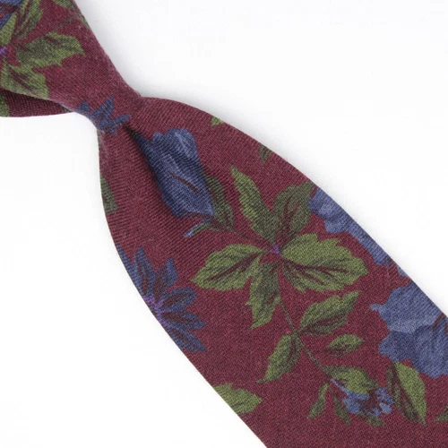 Josiah France Mens Wool Necktie Deep Burgundy Green Blue Purple Floral Print Tie