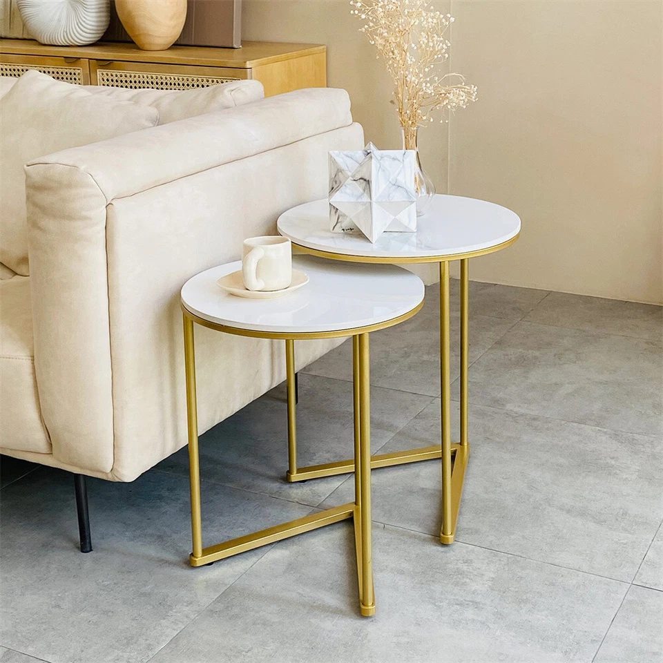Gold Marble Nesting Side End Tables Set Of 2 Round Small Stacking Coffee Table - Image 3 of 4