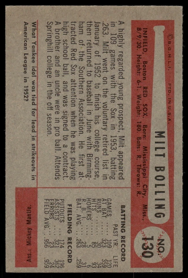 1954 Bowman - Milt Bolling #130 - Image 2 of 2