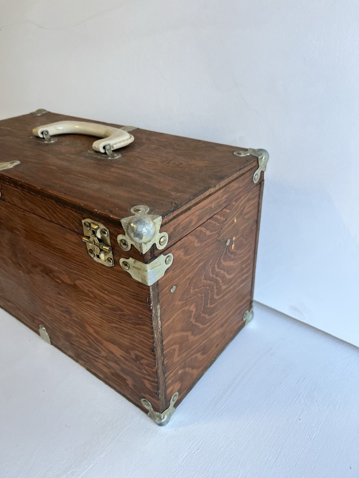 Vintage Oak Wooden Tool Chest Drop Front Storage Box Metal Corners Tray Handles