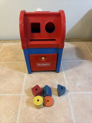Vintage Playskool Postal Station 11'' Wooden Mailbox Shape Sorter w/ 5 Blocks