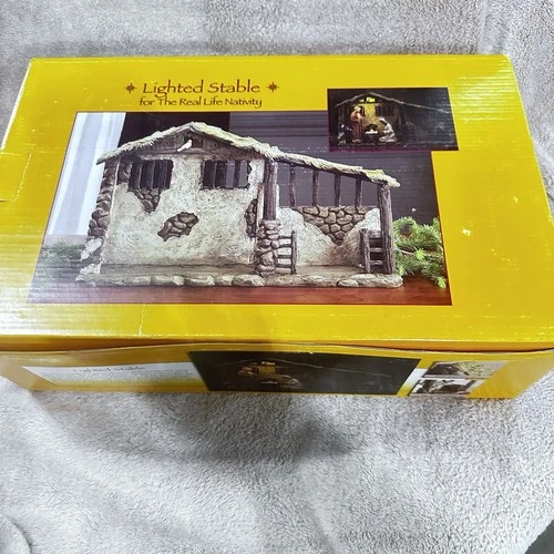 The Real Life Nativity Lighted Stable - Three Kings Gifts Manger Nib Christmas