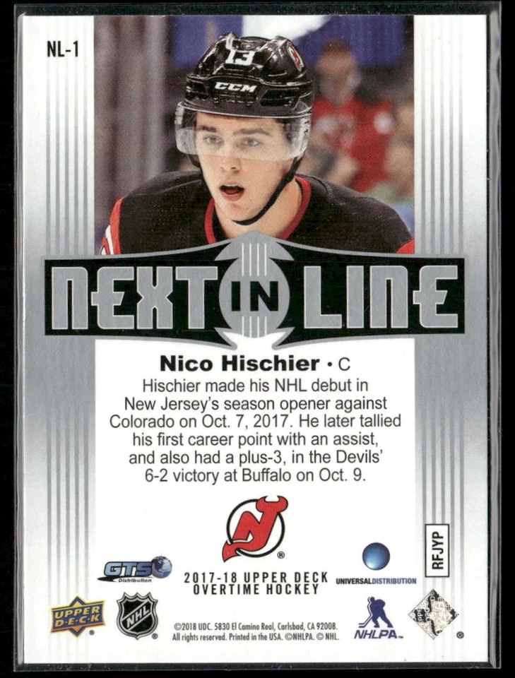 2017-18 Upper Deck Overtime Nico Hischier Next in Line RC #NL-1 Devils - Image 2 of 2