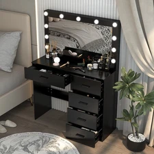 Black Vanity Dressing Table with 11 LED Lighted Mirror and 5 Drawers Makeup Desk