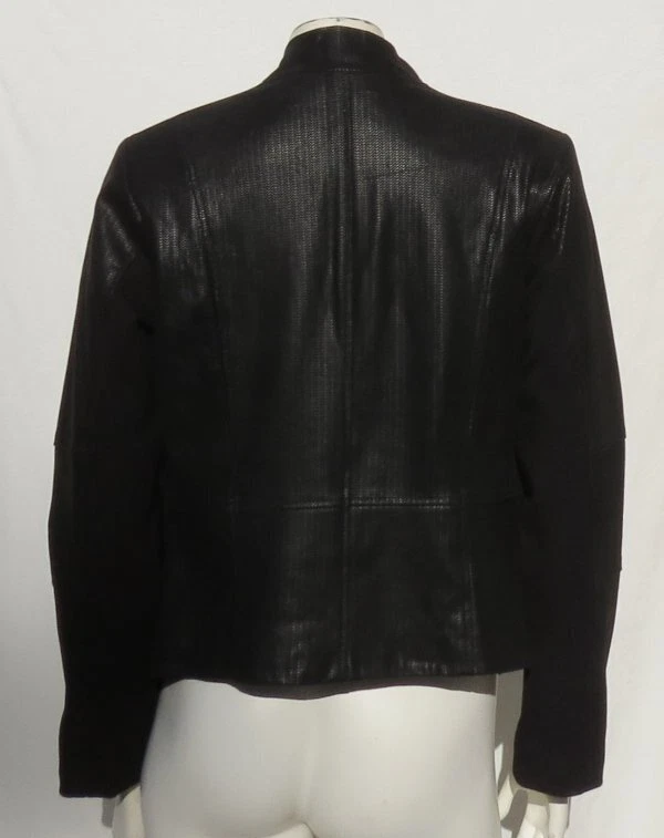 GILI G.I.L.I. Chaqueta de cuero suave estampada negra 10 M para mujer frente abierto en cascada Foto 3 de 4