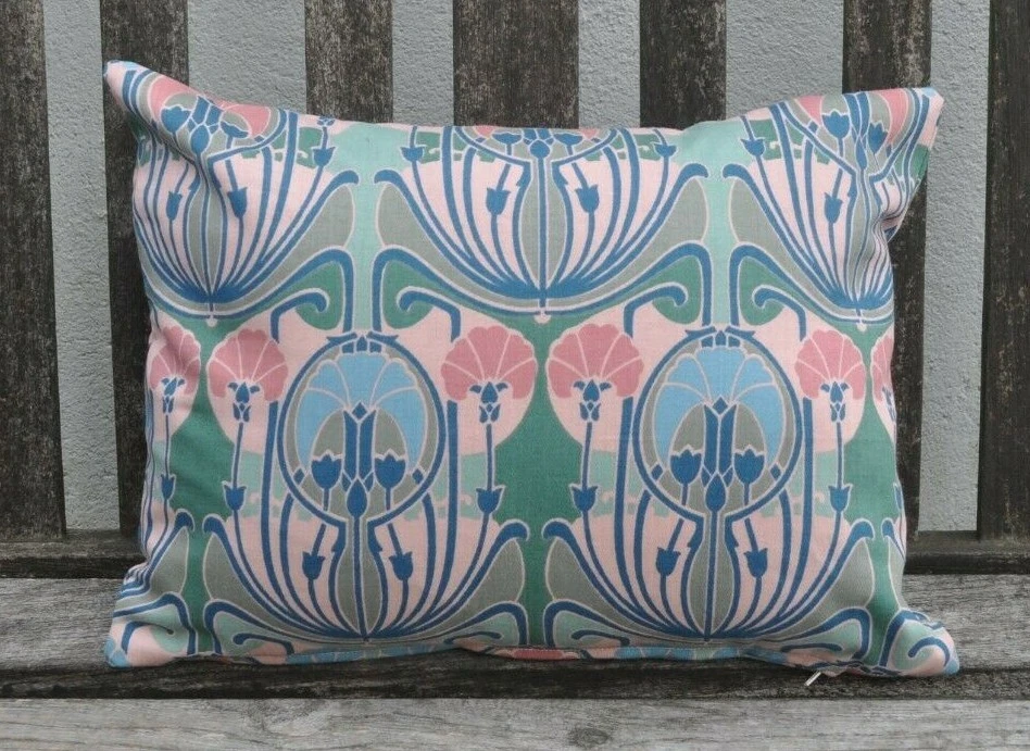 12 x 16" zipped Art Nouveau style cotton pink blue green/pink velvet cushion - Image 4 of 4