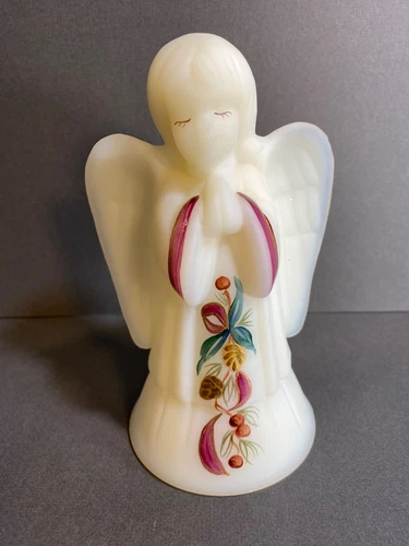 Fenton White Satin Finish Hand Painted Signed Art Glass Praying Angel Figurine