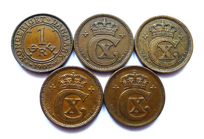 DÄNEMARK 1 STUNDEN X 5, DATEN 1907, 1913, 1915, 1916 + 1919, BRONZE, KM # 804/812