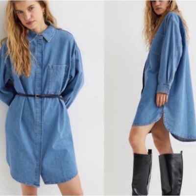 h&m oversized denim dress Ladies - Dark Denim Blue Denim Shirt Dress - Size: XXS
