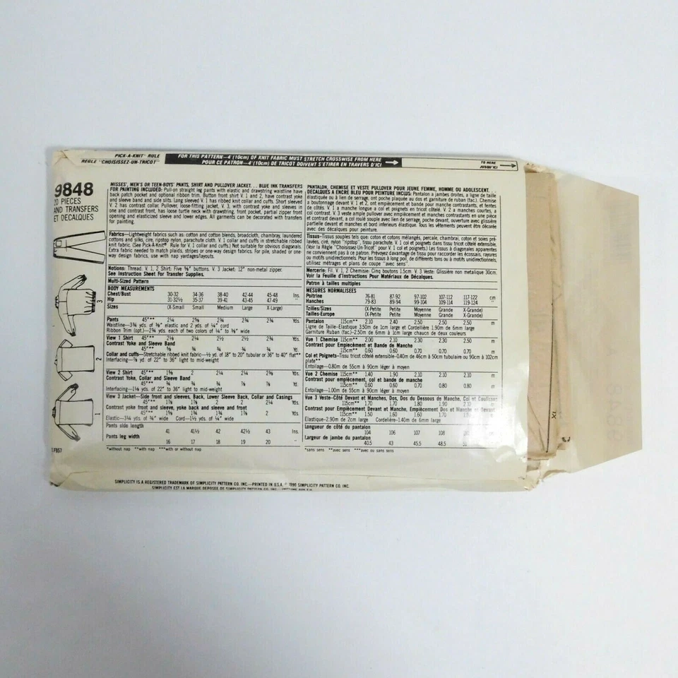 Simplicity 9848 Unisex Pants Shirt Jacket Sewing Pattern XS-XL Days of Thunder - Image 3 of 4