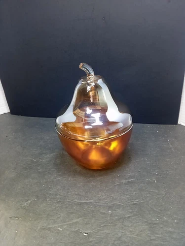 ❤VTG  Jeanette Carnival Glass Candy Jar Iridescent Marigold Pear Lid Se Photos