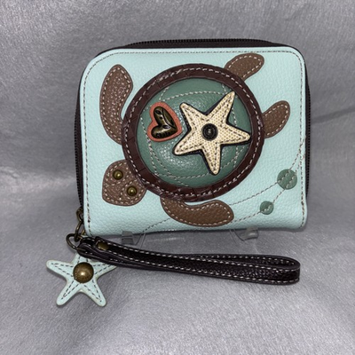 #ad #ad Chala Sea Turtle Zip Around MultiPocket Wristlet Wallet Teal Brown Polka Dot EUC $27.00