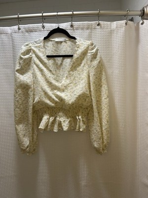 LUSH Floral Ruffle V-Neck Puff Sleeve Lightweight Blouse Long Sleeve Size