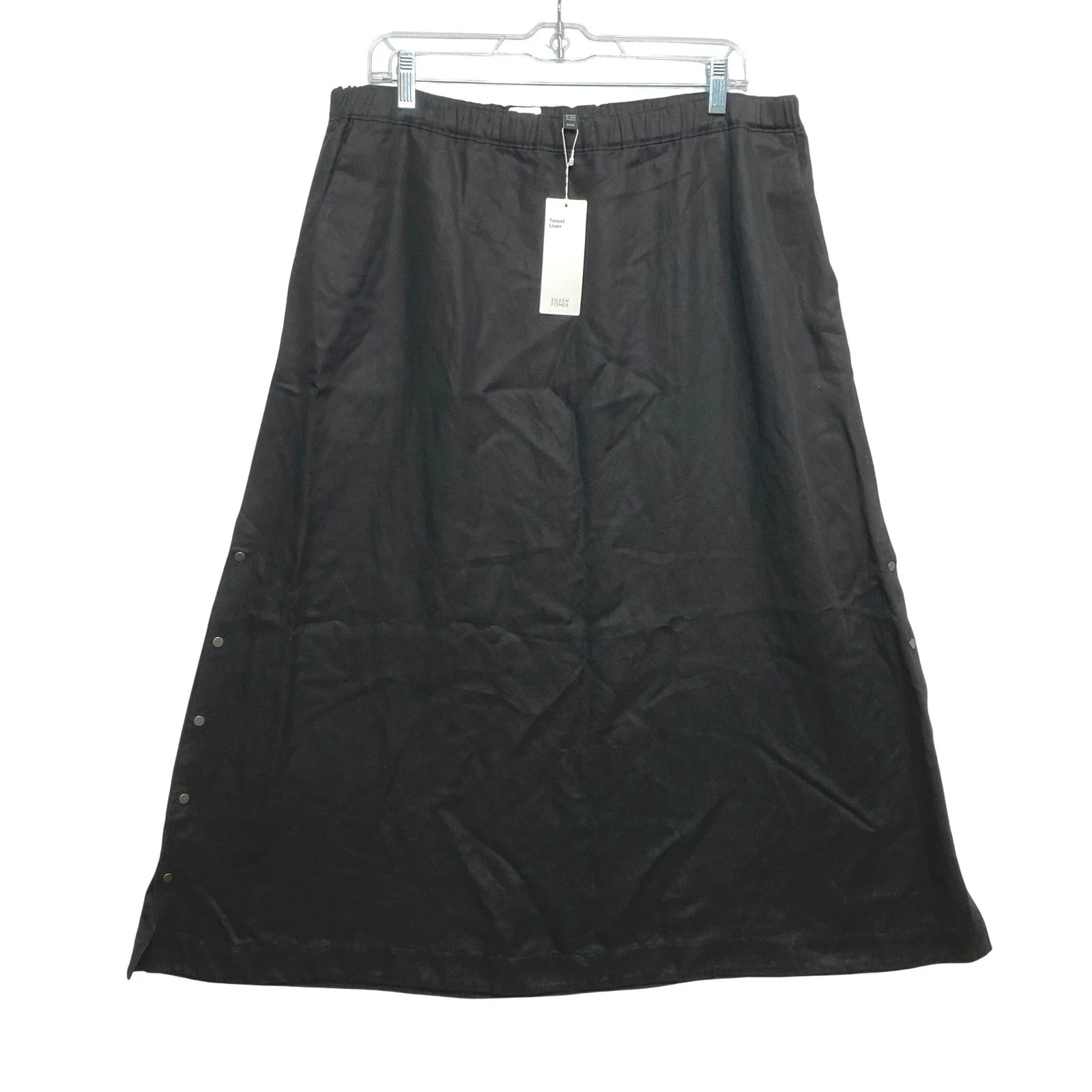 Eileen Fisher Midi Skirt Womens Medium Black Tencel Linen Snap Side NEW $268