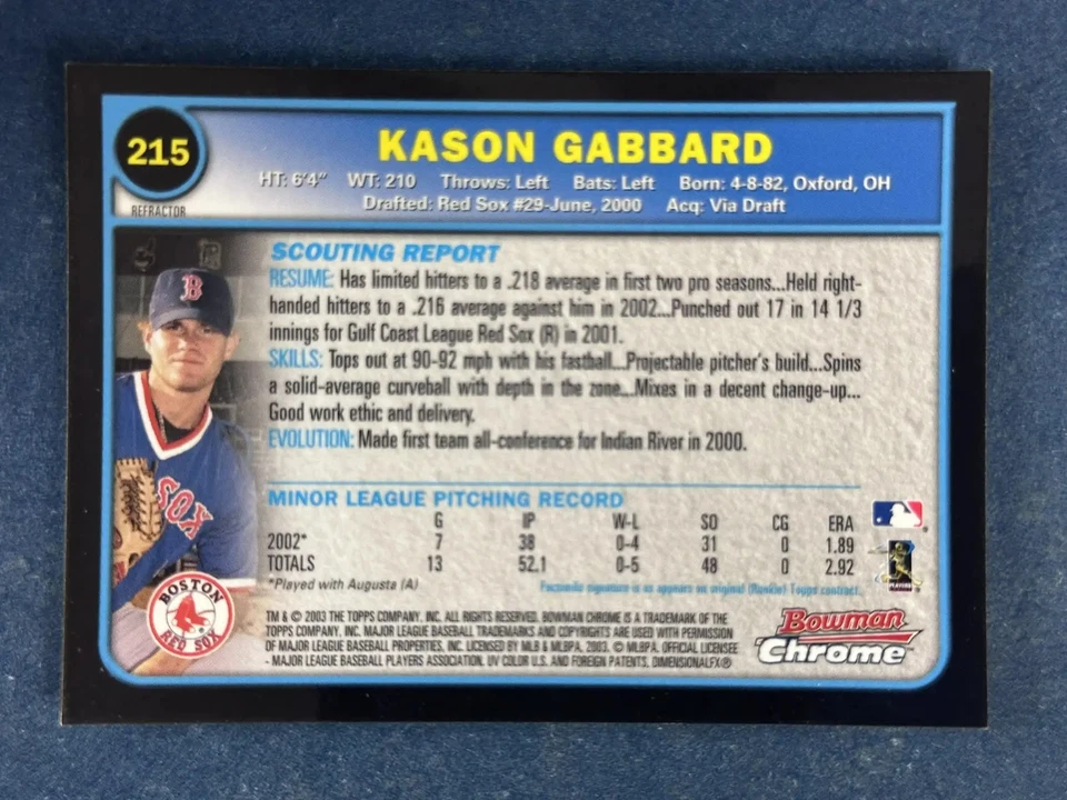 2003 Bowman Chrome Refractor #215 Kason Gabbard Boston Red Sox RC - Image 2 of 2
