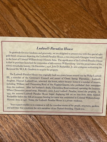 Colonial Williamsburg 2017 Ludwell-Paradise House adorno de Navidad tono dorado - Imagen 5 de 5