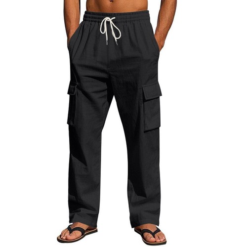 Men’s Workwear Multi-pocket Straight Linen Pants Thin Breathable Cargo Pants - Picture 18 of 28