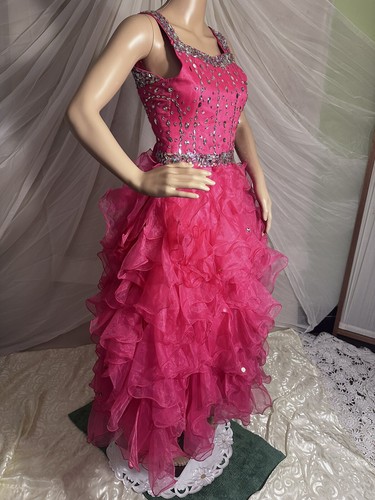 Pink Maximalist Cupcake Ruffly Iridescent Beaded Girls Organza Formal Gown - Picture 9 of 24