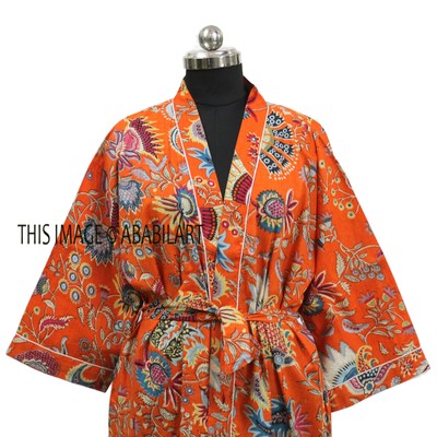 Orange Mukut Print Long Kimono Bathrobe New Beach Robes Night Dressing Gown FBB