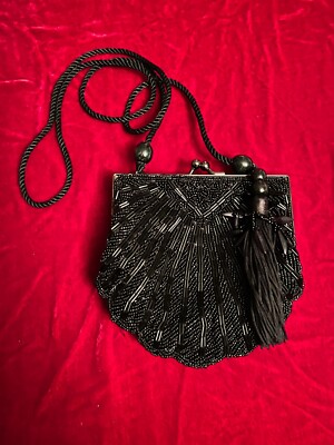 Vintage Carlo Felini FELLINI BLACK BEADED CrossBody Bag Purse Seed & Bugle Beads