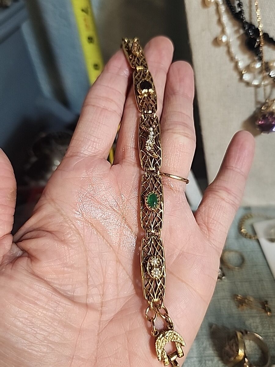 Vintage 1960s Goldette NY Multi-Stone Gold Tone Bracelet 7in Vintage 1960s Goldette NY Multi-Stone Gold Tone Bracelet 7in
