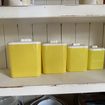 Vintage Yellow Lustro-Ware Rona Plastic Corp Flour Sugar Coffee Tea Canister Set