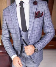 Mens Designer Gentleman Suit Grey Blue Check Jacket Waistcoat Fitted Slim Fit