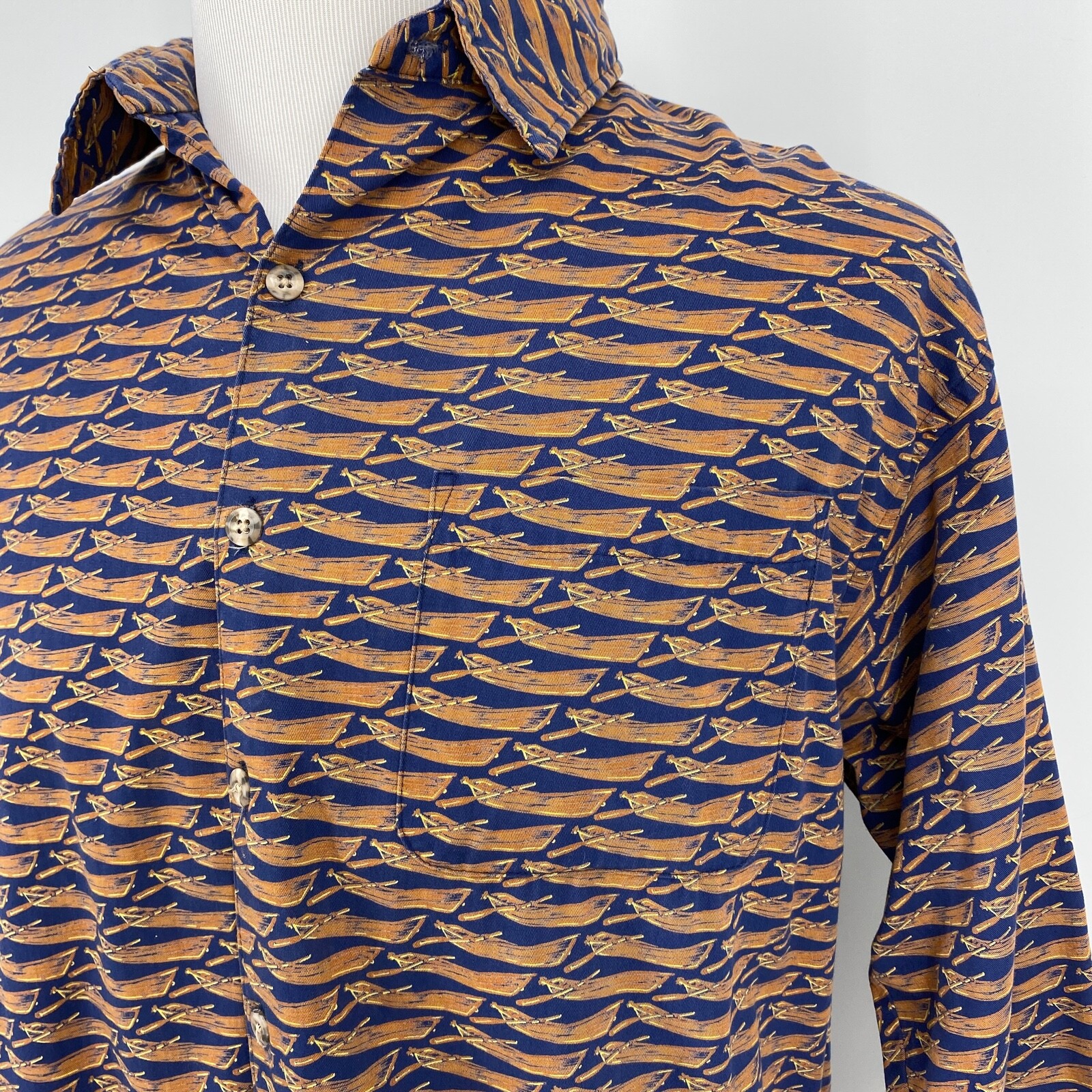 Camicia Orvis con Fila Barca Canoa Stampa All Over Manica Lunga Bottoni Uomo Large