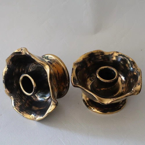 Vintage MCM Pair Stangl Pottery 22 kt Gold, Black Footed Petal Candle Holders 4"